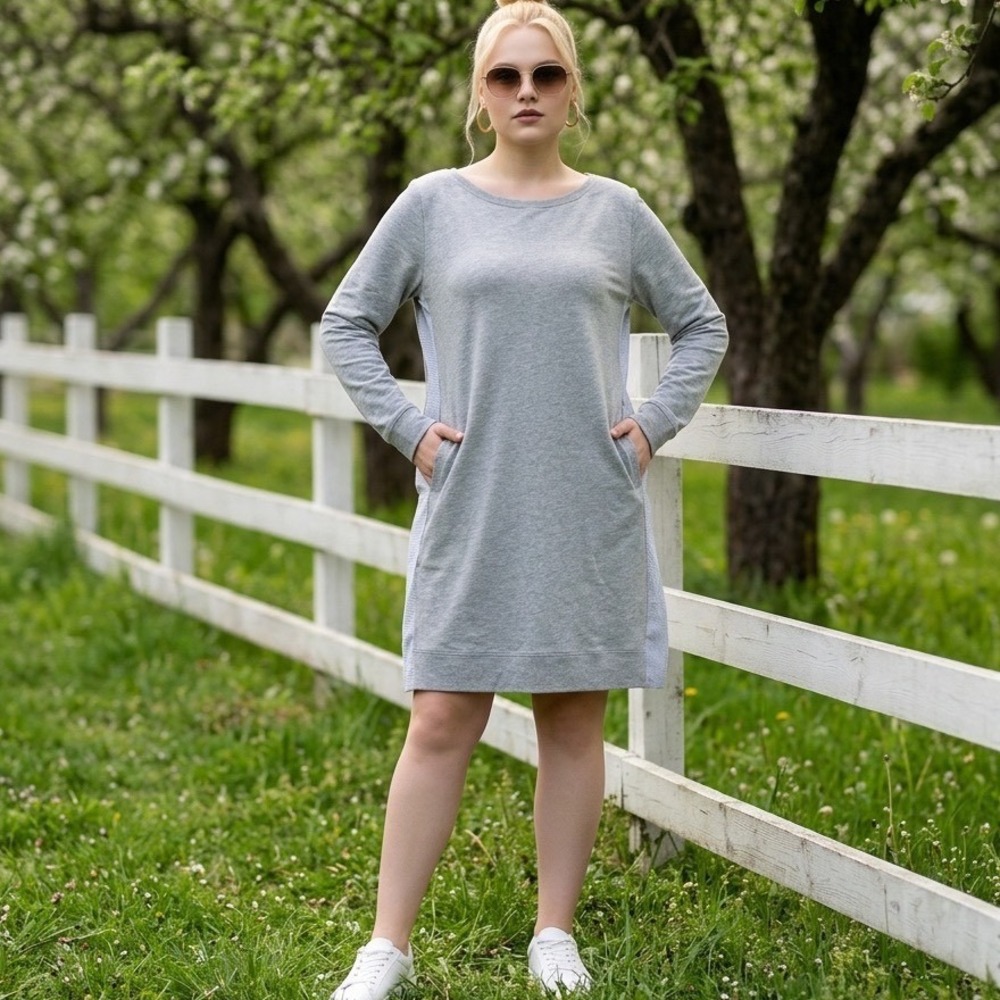Caslon Womens Gray Blue Striped Mixed Media Sweatshirt Dress Pockets Size L
